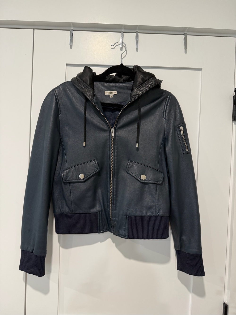 Leather Hooded Bomber Jacket - Navy